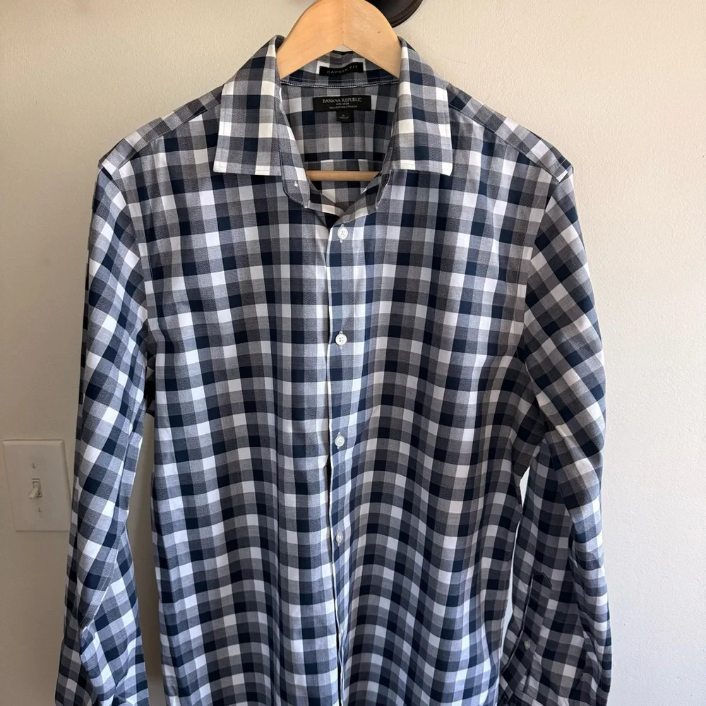 Banana Republic Men's Navy White Checkered Plaid Button-Up Shirt Stretch Large